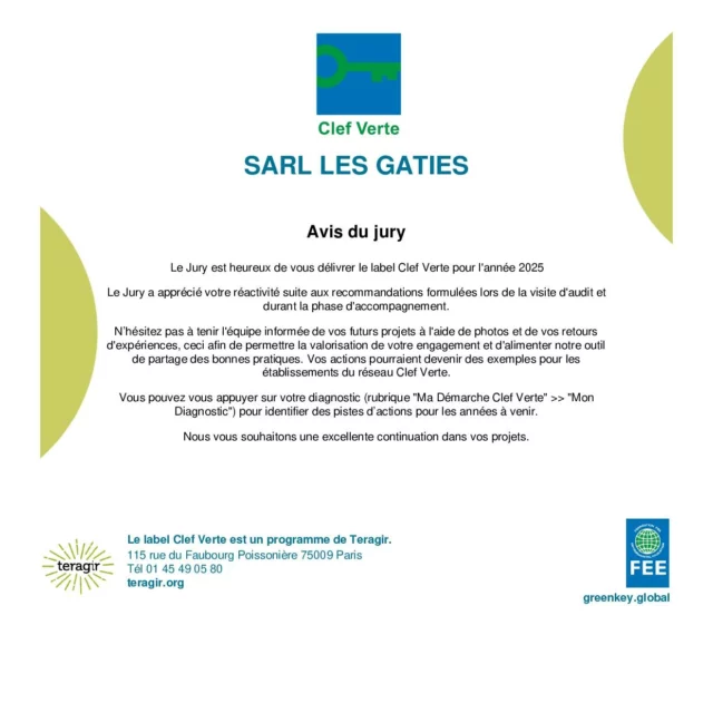 C'est avec beaucoup de fierté que je vous annonce une belle récompense au Hameau les Gaties #lesgaties : la labellisation Clef Verte ! 

Le label Clef Verte est le premier écolabel pour les hébergements touristiques et les restaurants engagés dans une démarche environnementale exemplaire.

Cette distinction vient récompenser notre politique environnementale qui a su séduire aussi bien le jury que les experts qui nous ont accompagnés lors de l'audit. 

Un grand MERCI à vous tous, c'est également grâce à votre soutien et vos encouragements quotidiens qui rendent cette aventure possible ! 
Vive les Gaties !!! 
ET SURTOUT ON LIKE ET ON PARTAGE A MAXIMUM LES AMIS 🤣

#lesgaties #ClefVerte #Ecolabel #gitesdefrance  #EcoTourisme #labourgogne #destinationgrandvezelay #bourgognefranchecomte #mybourgogne @mybourgogne #Teragir #clefverte @clef_verte Thierry Quieffin